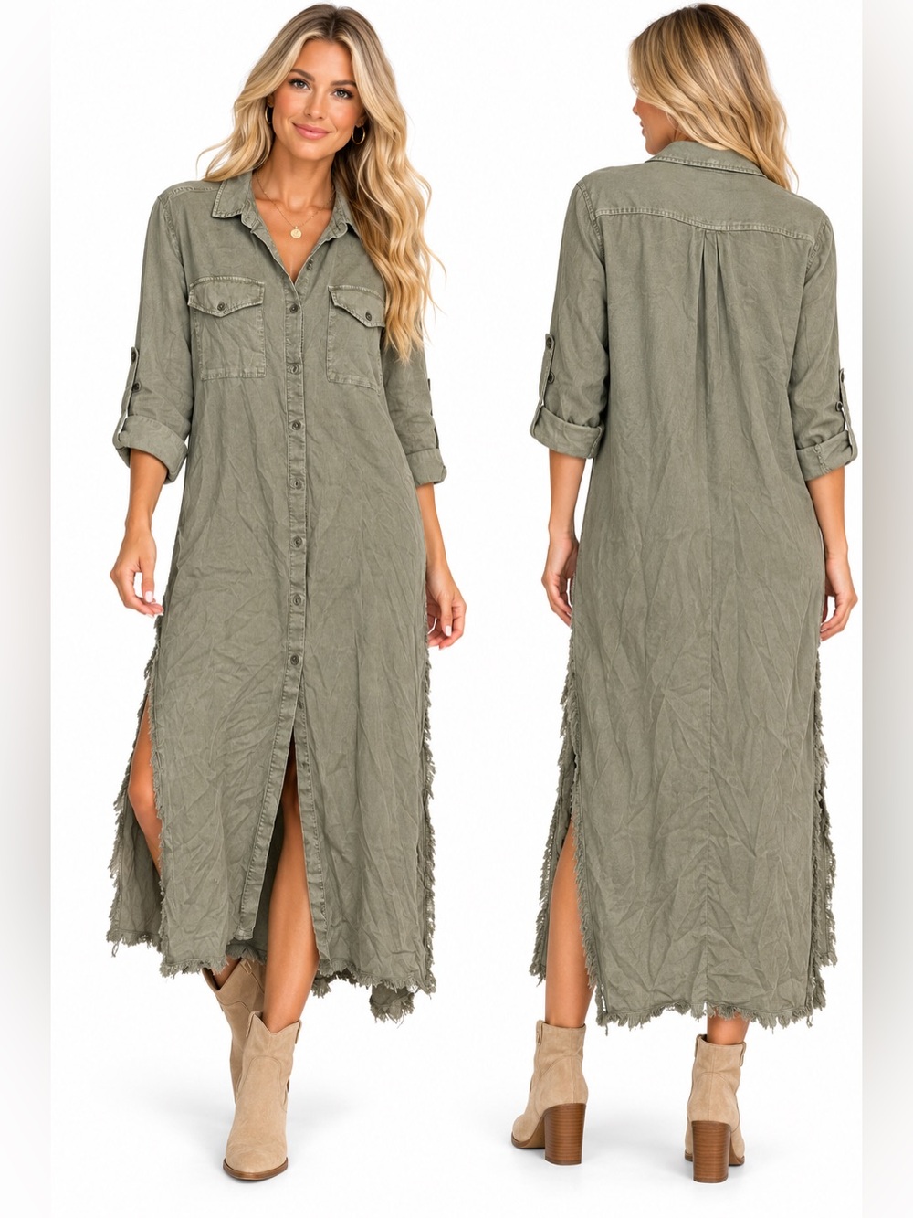 Bella Dahl Size Large Women’s Olive Button-Front Shirt Dress with Fringe